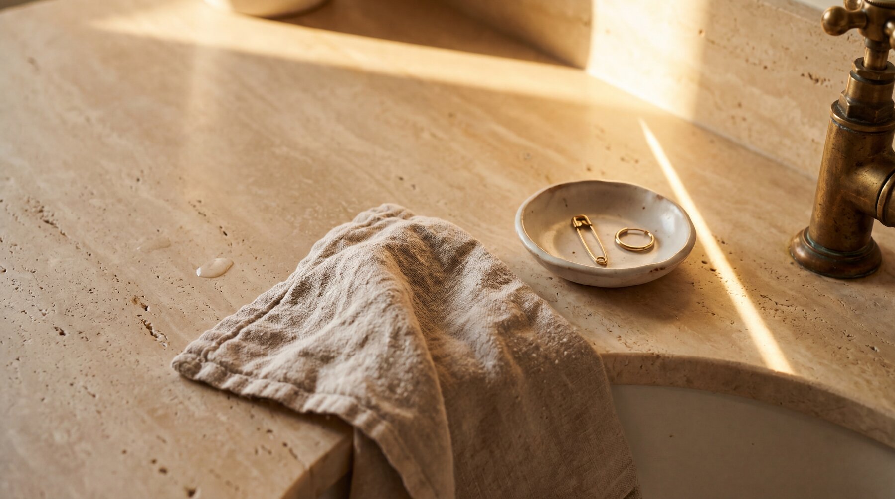 Warm morning bathroom counter with natural light