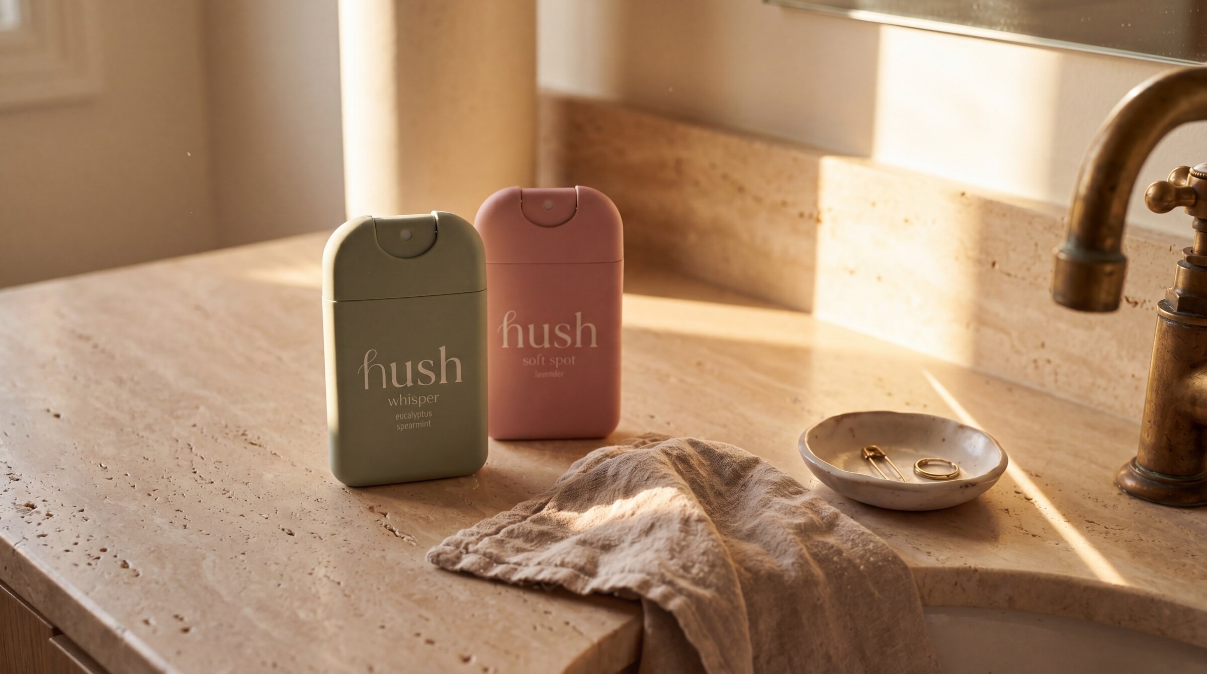 Both Hush bottles on a warm travertine bathroom counter in morning light