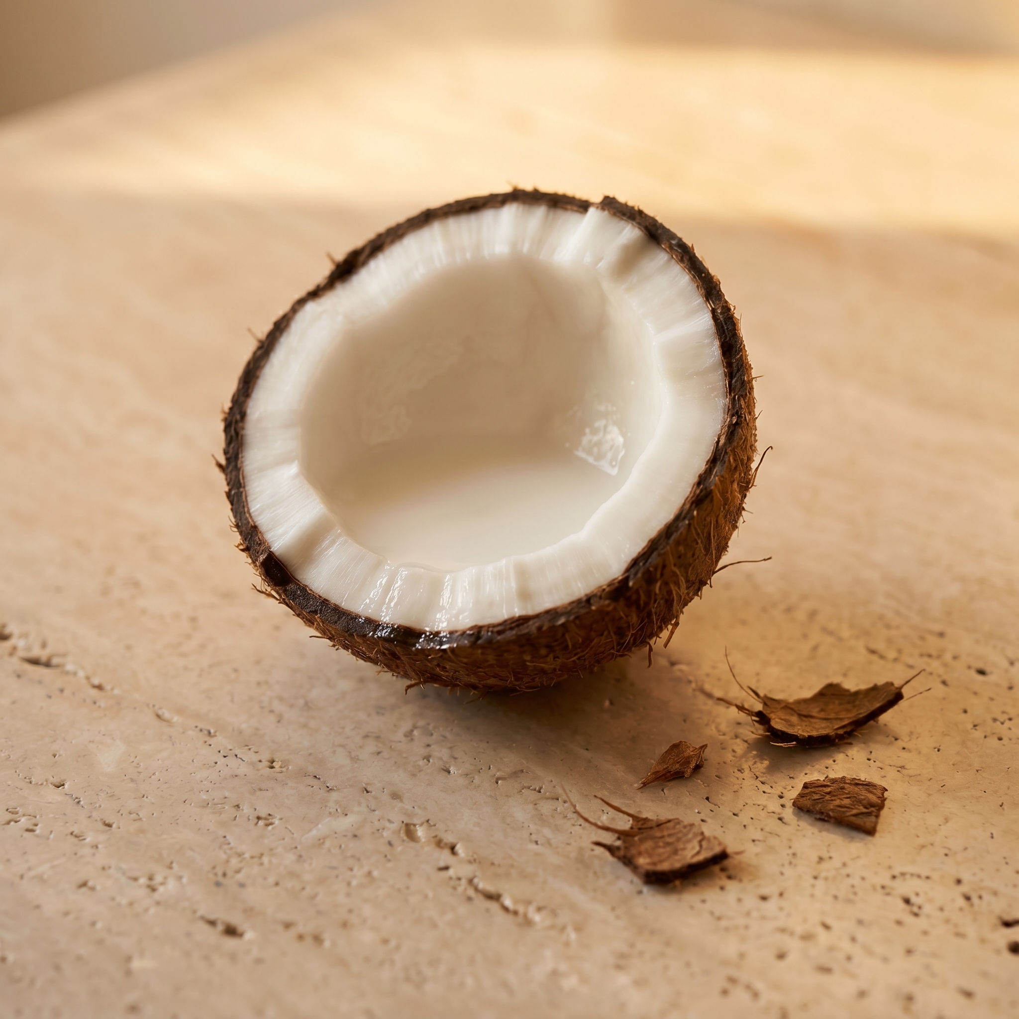 Halved coconut on warm travertine in golden afternoon light