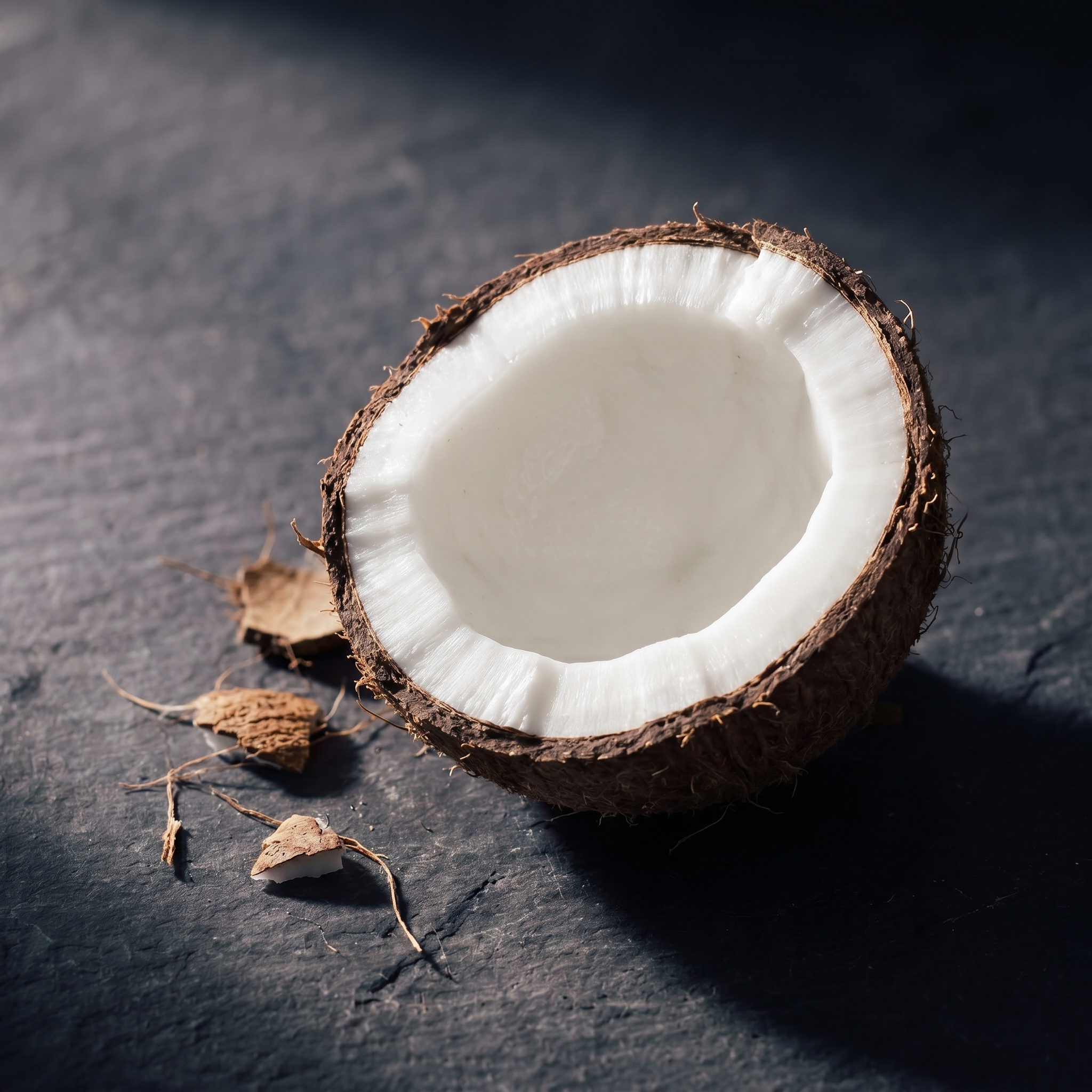Halved coconut on dark slate in cool rim light