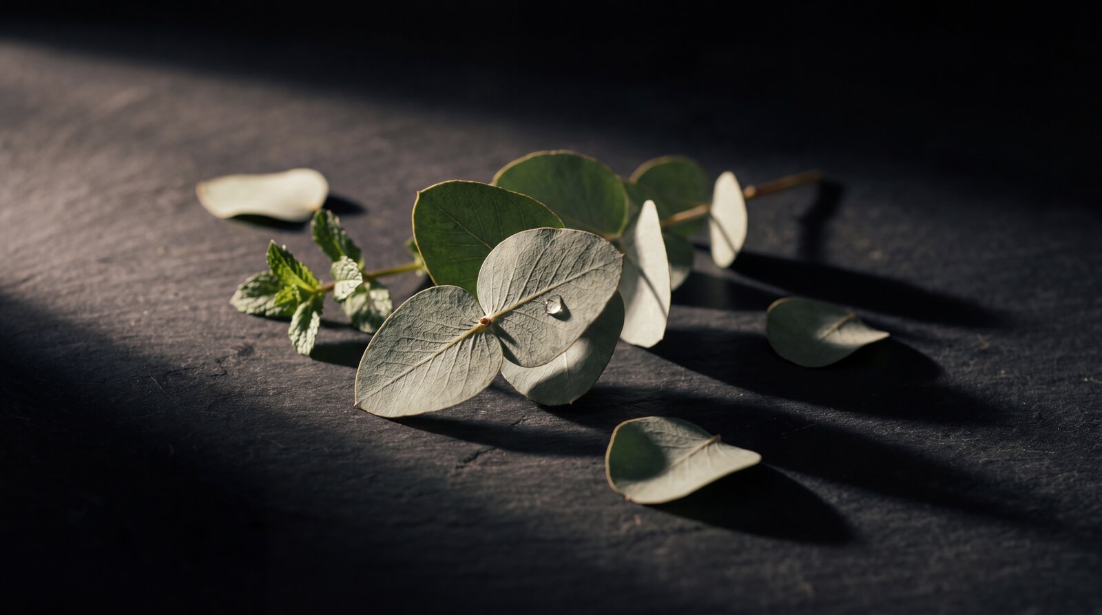 Eucalyptus sprig on dark slate