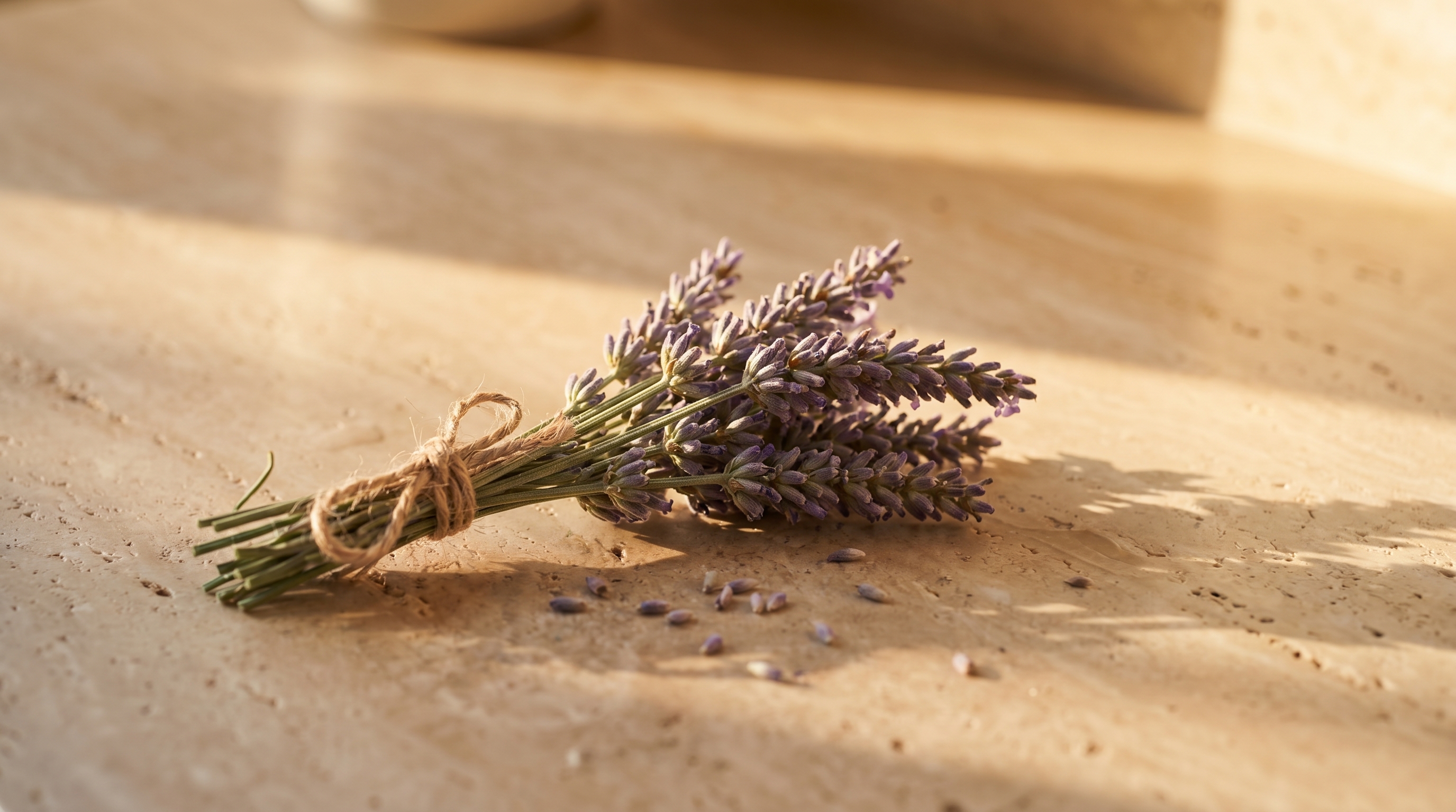 Lavender bundle on warm travertine stone