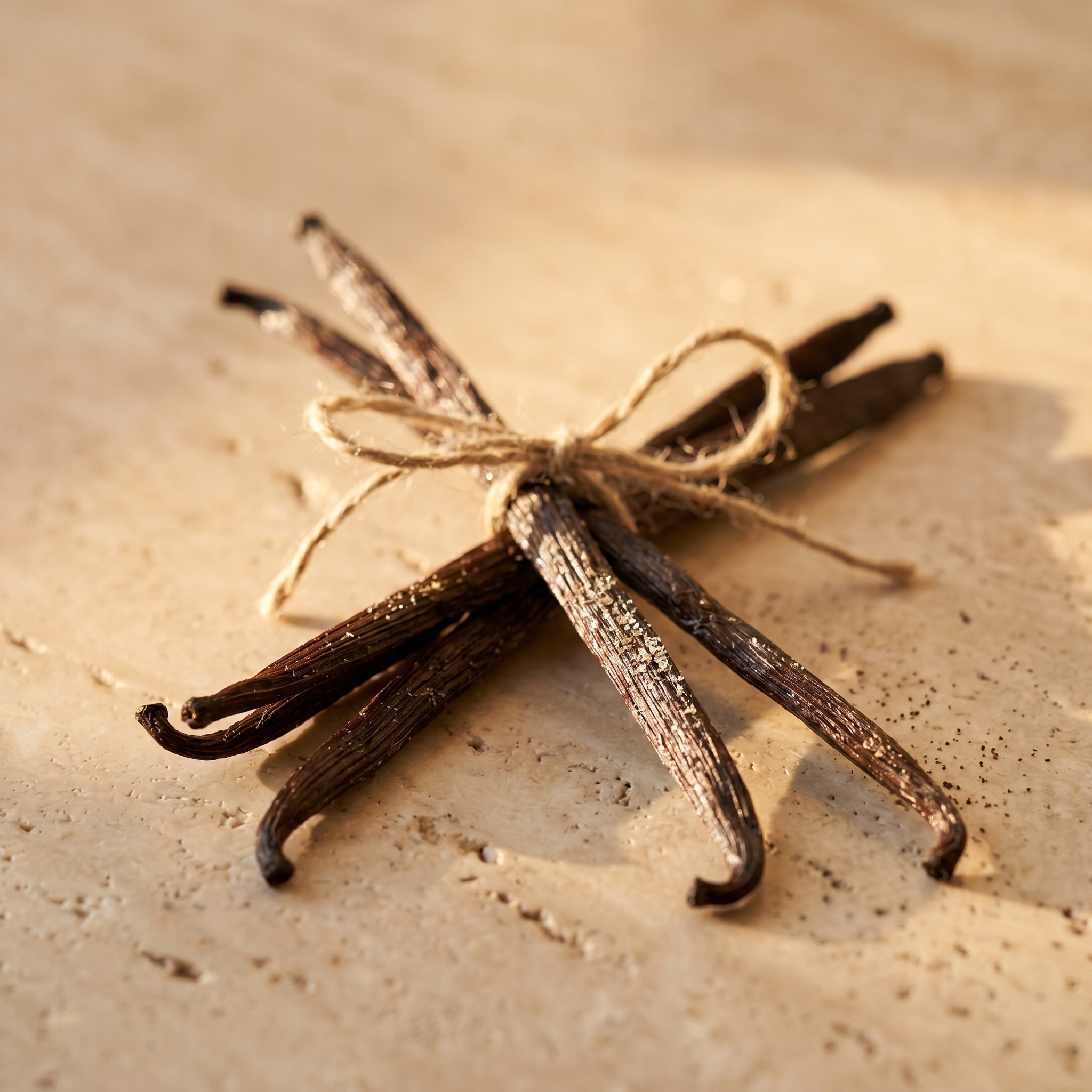Dried vanilla beans tied with linen thread on warm travertine