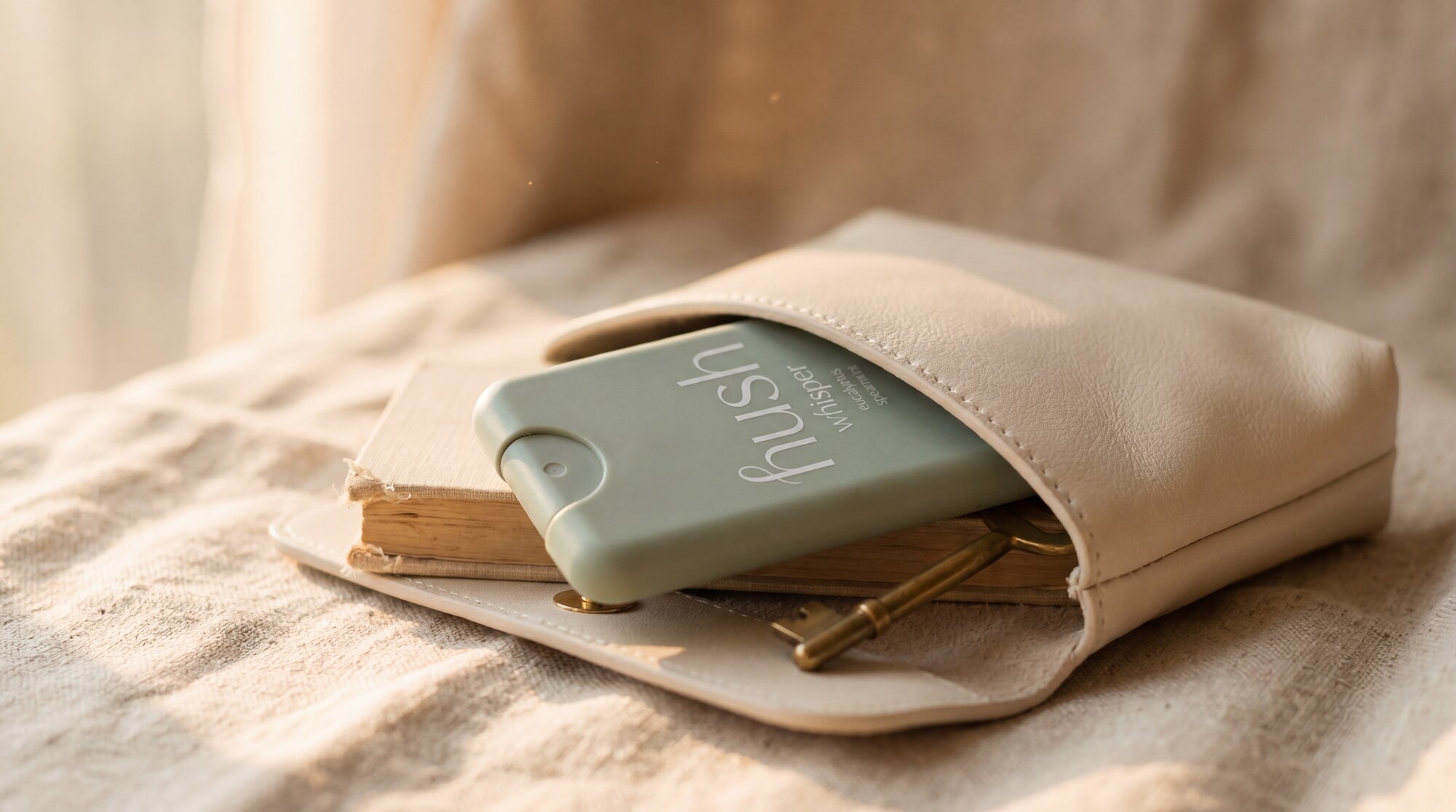 Hush Whisper emerging from a linen clutch in warm window light