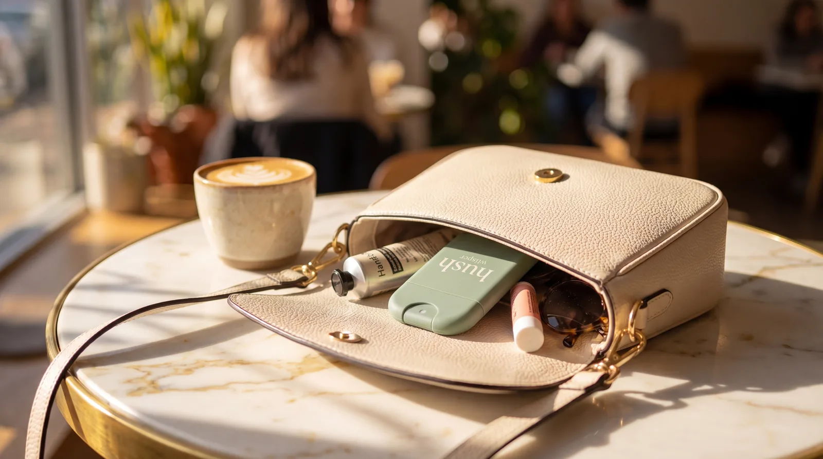 Hush bathroom mist peeking out of a purse at a cafe