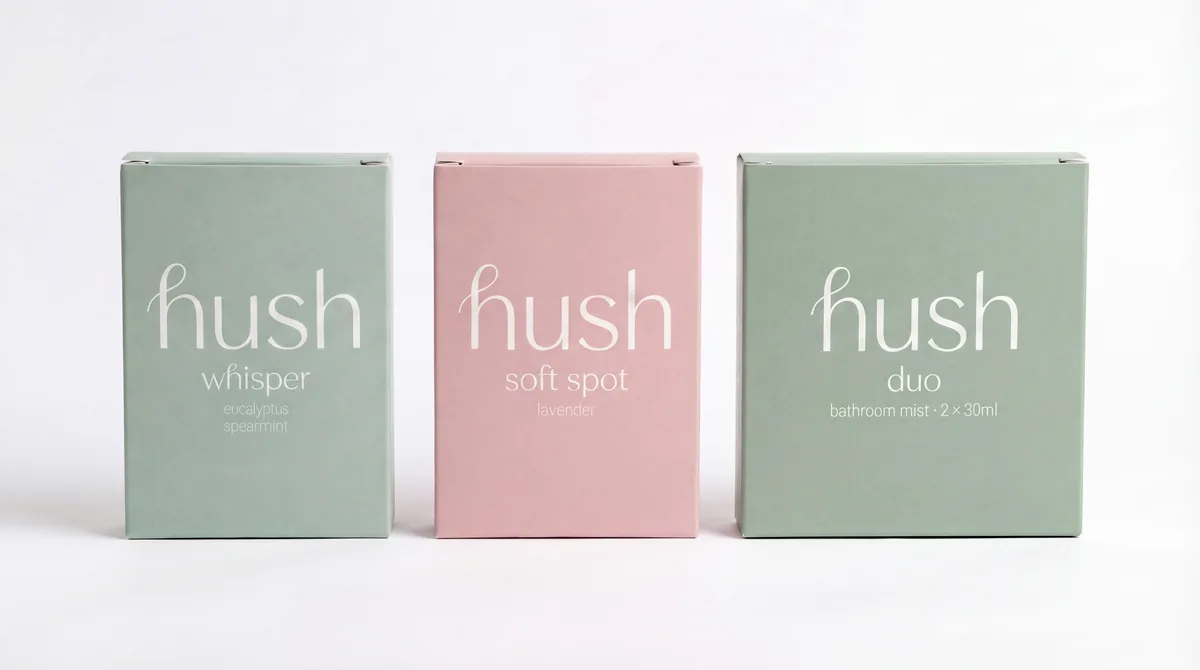 The Hush lineup — Whisper in sage, Soft Spot in blush, Duo in sage — three small matte cartons side by side