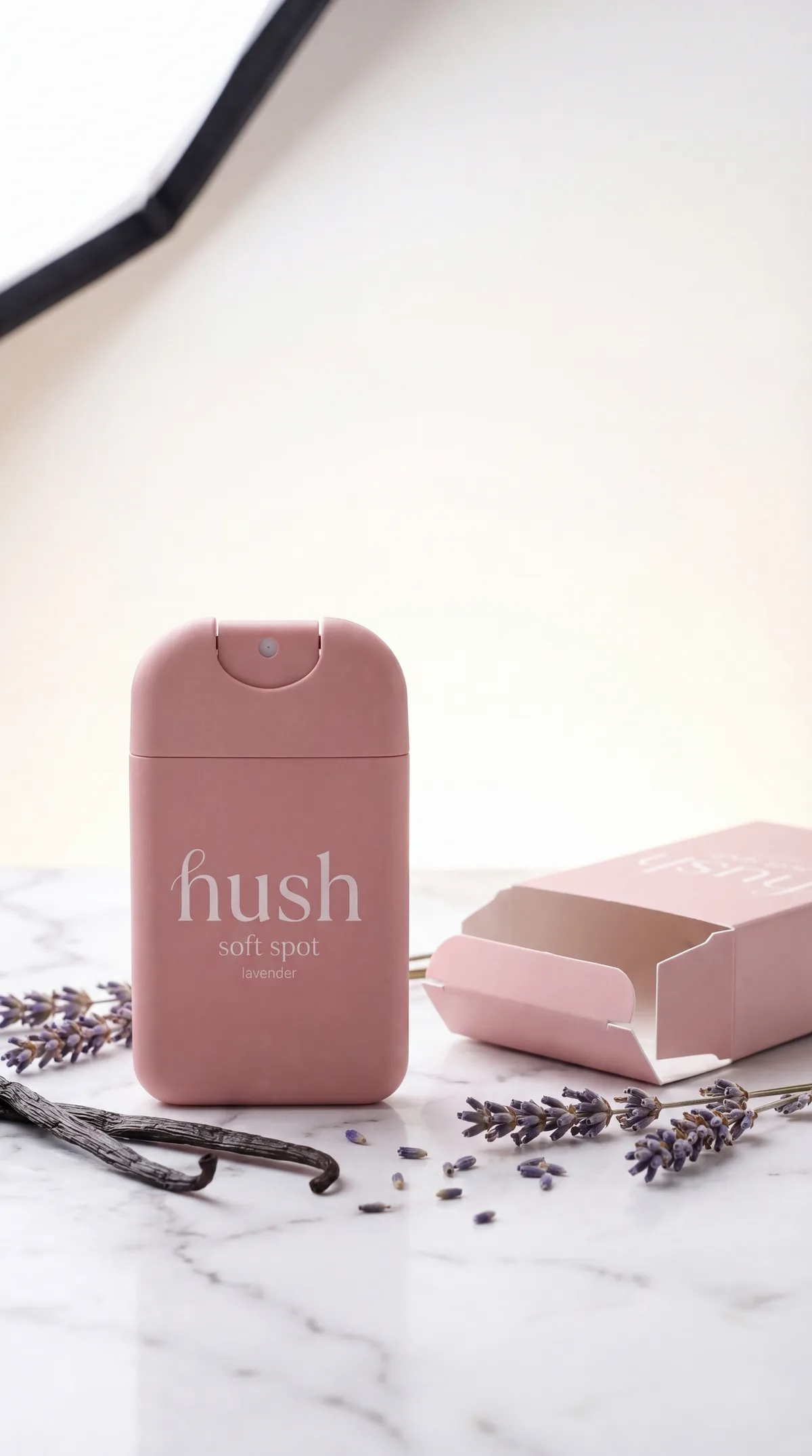 Hush Soft Spot bottle and box with lavender
