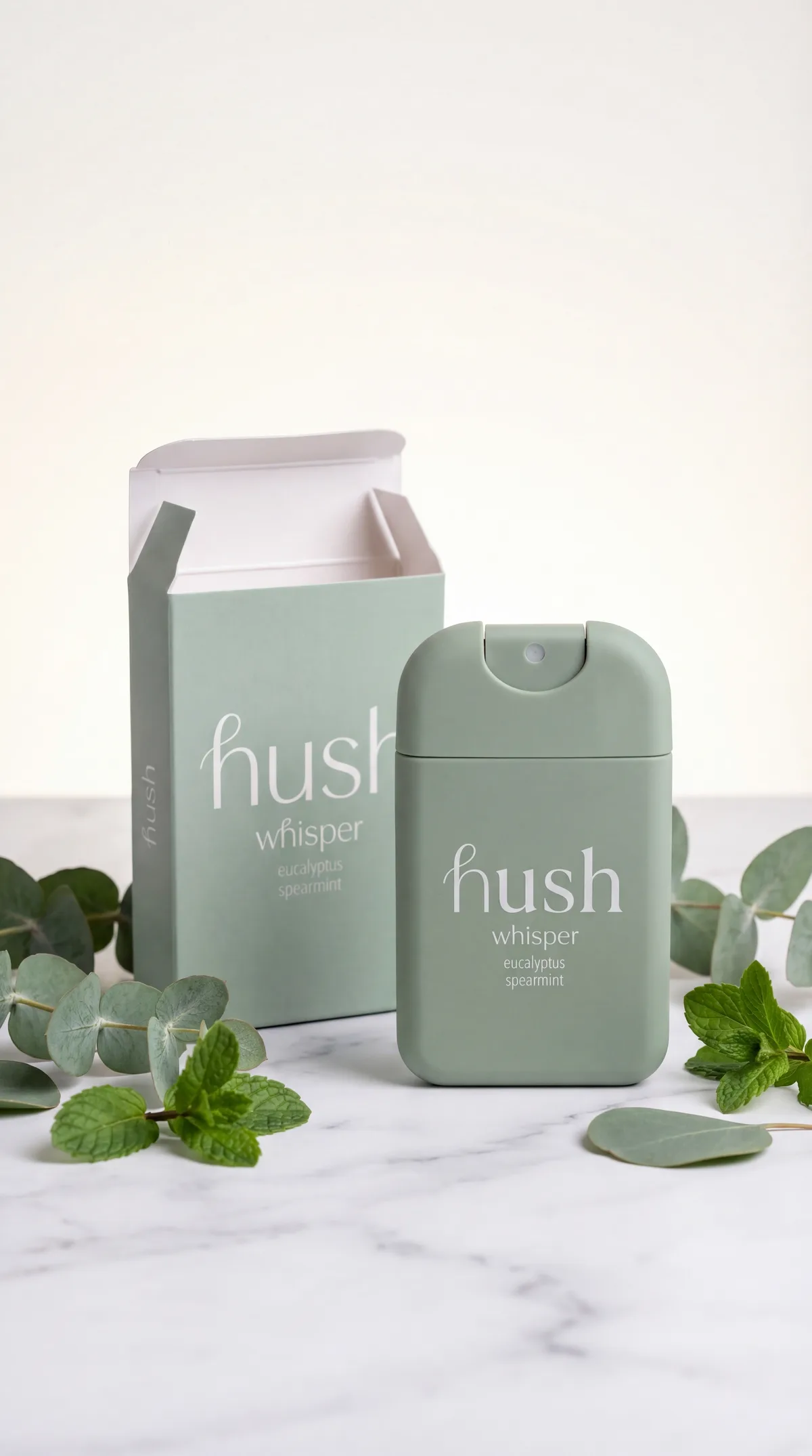 Hush Whisper bottle and box with eucalyptus